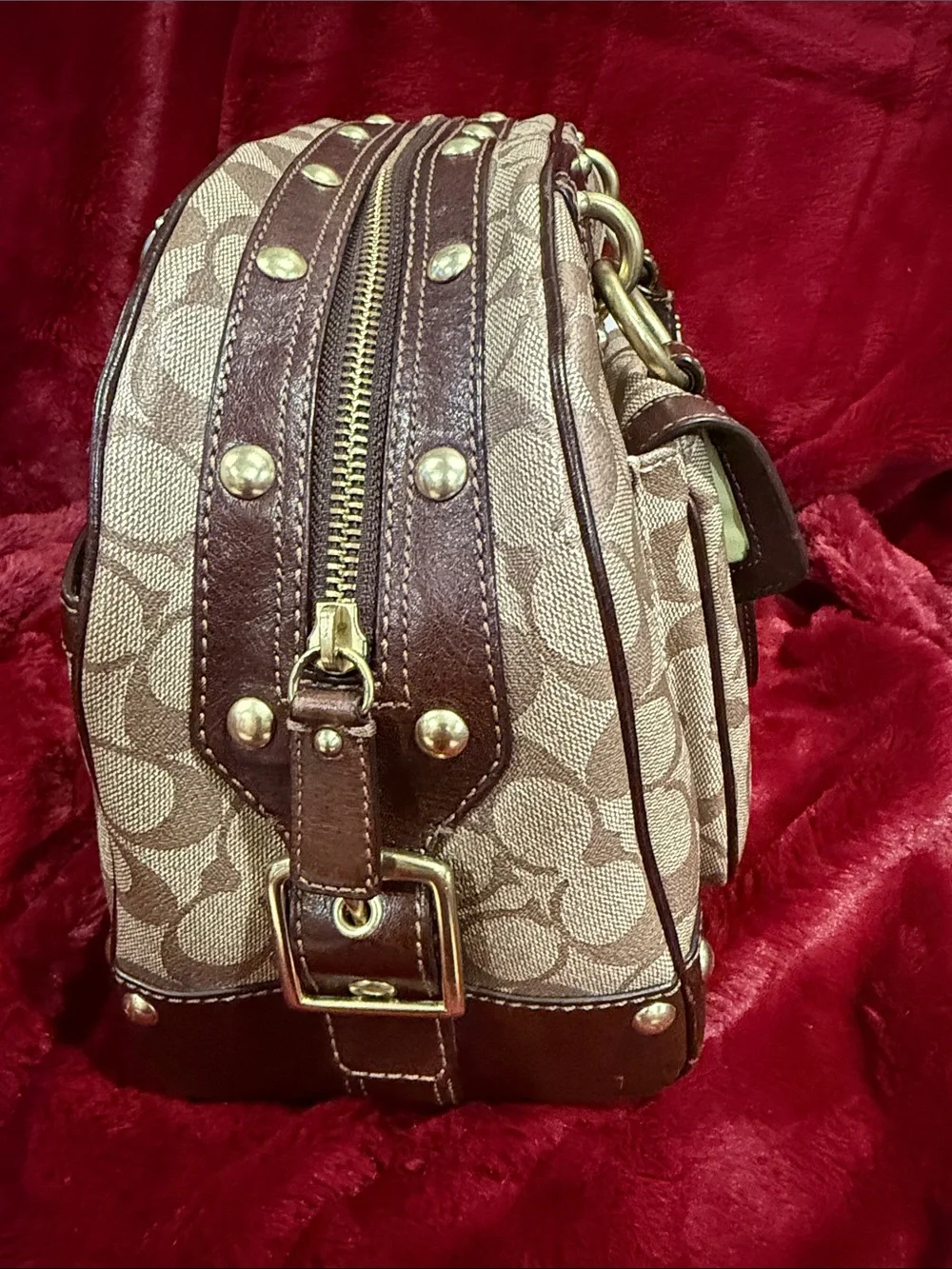 Vintage Coach Brown Signature Canvas Satchel w/White and Dark Brown Stripes